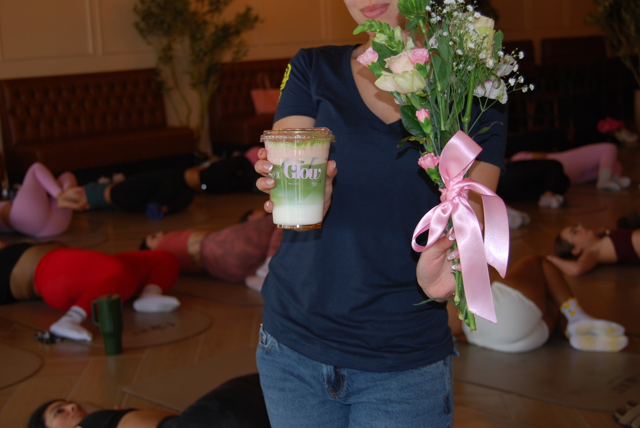 Glow matcha and a fresh bouquet at an event
